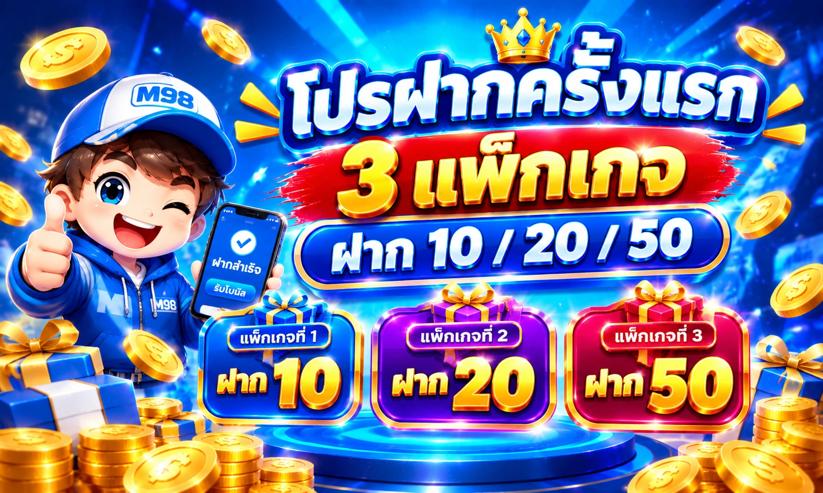 โปรฝากครั้งแรก 3 แพ็กเกจ ฝาก 10 / 20 / 50